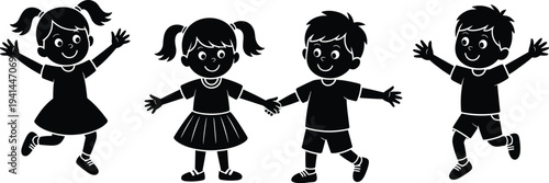 Happy children cartoon silhouettes set with boys and girls playing, jumping and holding hands, cute kids character collection isolated on white background