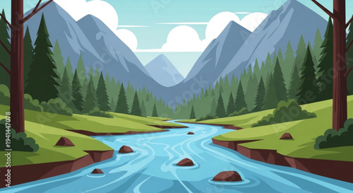 Serene mountain river landscape with lush greenery and majestic peaks under a cloudy sky