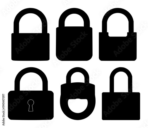 Padlock set with solid black silhouette of heavy-duty industrial padlock in an open position featuring security, access, industrial with black and white