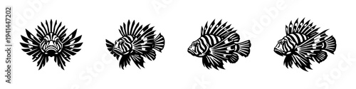 Black and white lionfish silhouette set, marine life vector illustration