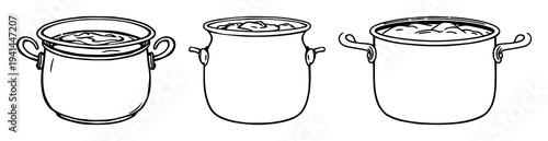Copper jam pot set with black line art depiction featuring copper, jam pot, handles with white background and simple illustration