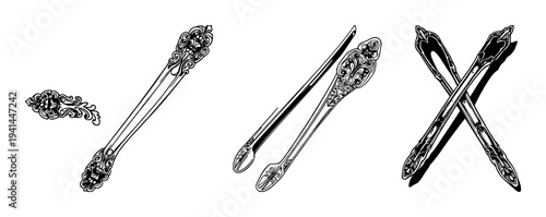 Sugar tongs set with black line art elegant ornate design featuring silver, tongs, sugar with illustration and minimalism
