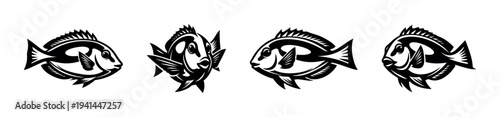 Black and white fish silhouette vector set with four different fish designs