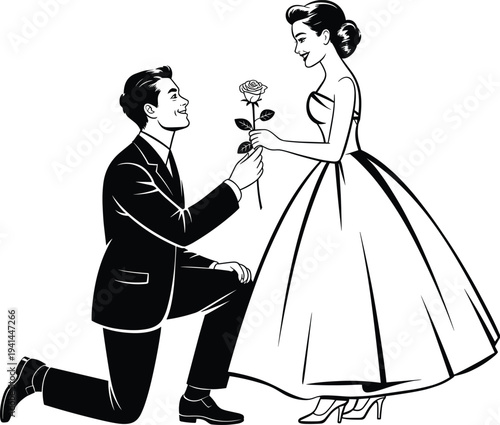 Romantic man proposing with rose to elegant woman silhouette, marriage proposal moment, love relationship concept, couple engagement scene isolated on white background illustration