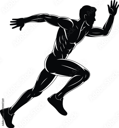 Running athlete silhouette with muscular male sprinter in motion, dynamic sports fitness concept showing speed, strength and training performance isolated on white background