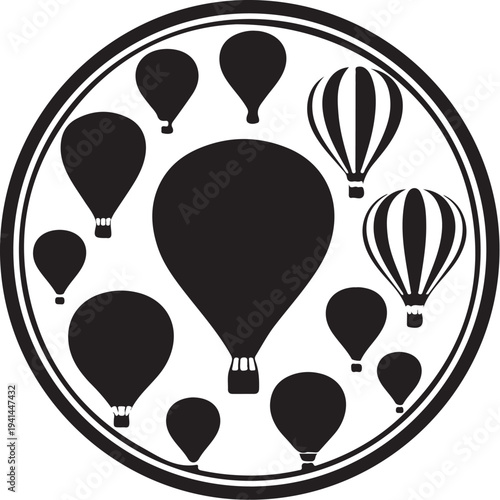 Hot air balloons in a circular black and white design