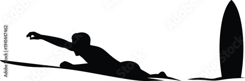 Surfer paddling on surfboard toward standing board in ocean, surfing sport silhouette illustration representing adventure, water sport lifestyle and beach activity isolated on white background