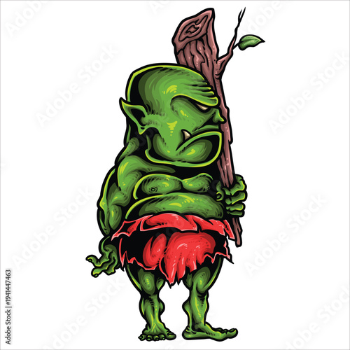 Green grumpy troll character holding a large wooden club, fantasy creature