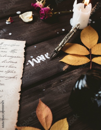 Writing on wooden planks with ink and quill surrounded by autumn leaves
