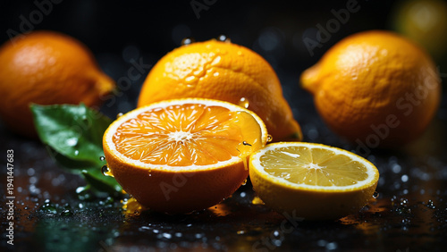 Fresh Orange and Lemon Citrus Fruits with Water Droplets on Dark Background