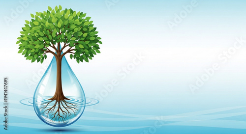 Tree in a teardrop shaped water droplet with roots and green leaves on a blue gradient background symbolizing eco friendly conservation and sustainability