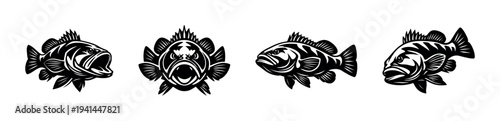Black and white fish silhouettes vector illustration of aquatic creatures