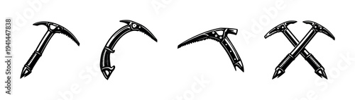 Set of four ice axes illustration silhouette crossed design alpine equipment clipart