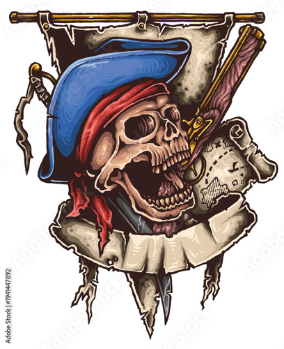 Pirate skull with pirate hat, cutlass, and treasure map, nautical theme