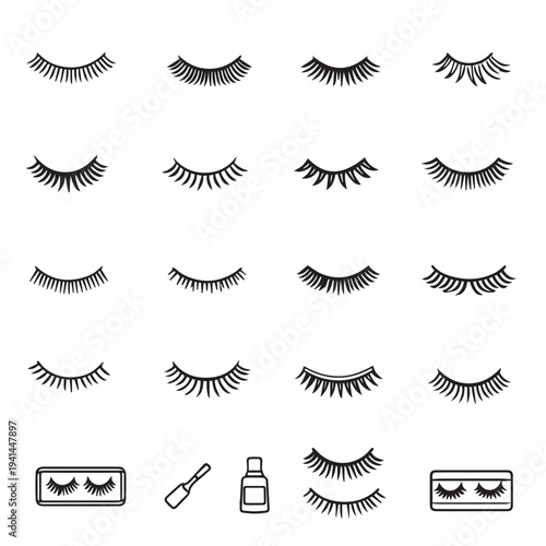 Set of different eyelash styles in a vector illustration. Features various eyelash designs with makeup icons below to represent cosmetics tools and applications for beauty concepts.