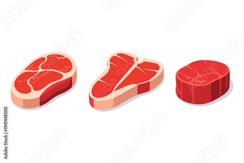 Three different cuts of raw beef steaks displayed in isometric view on a white background