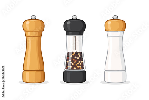 Three different types of spice grinders and shakers for seasoning food