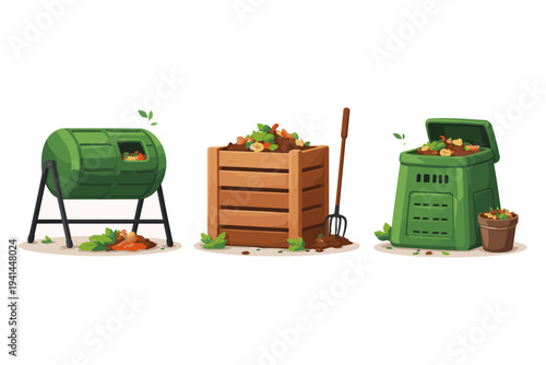 Three different types of compost bins and gardening tools for organic waste management