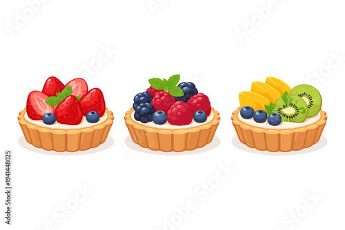 Three delicious fruit tarts with fresh berries and kiwi slices on a white background