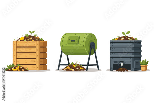 Three different types of compost bins: wooden, tumbler, and multi-tiered plastic bin