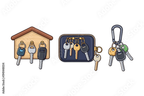 Collection of keys organized on a key holder, pouch, and carabiner clip