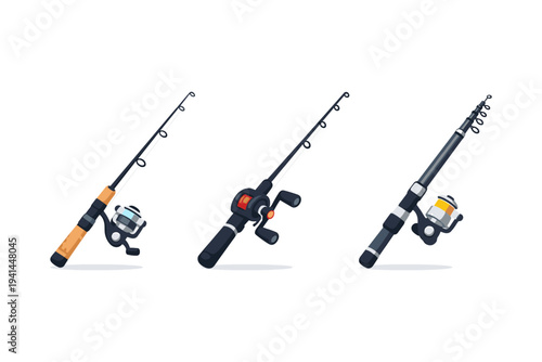 Collection of three different fishing rods with reels on a white background