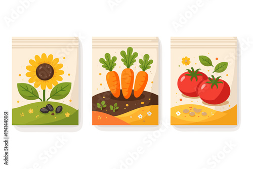 Collection of seed packets featuring sunflower, carrots, and tomatoes with vibrant illustrations