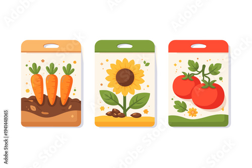 Collection of seed packets featuring carrots, sunflowers, and tomatoes for gardening
