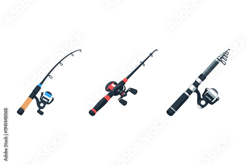 Collection of three different fishing rods with reels, isolated on white background
