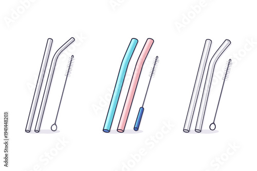 Reusable drinking straws in various colors with cleaning brushes for eco-friendly lifestyle