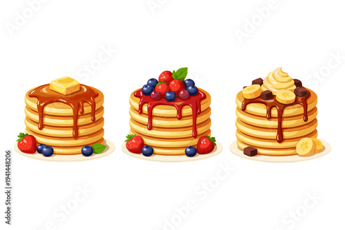 Delicious stack of pancakes with various toppings and fresh berries
