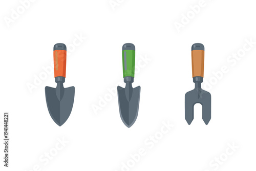 Set of three garden tools: trowel, hand cultivator, and small shovel with colored handles