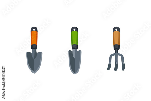 Set of three garden tools including trowels and a cultivator on a white background