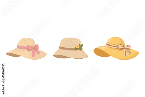Collection of three stylish sun hats with decorative bows and floral accents