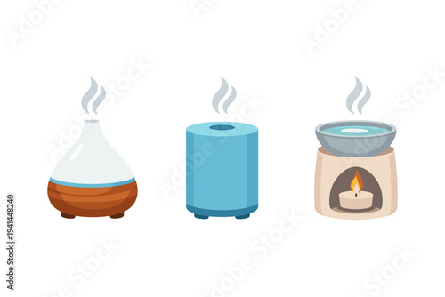 Collection of three different aroma diffusers and oil burners emitting steam