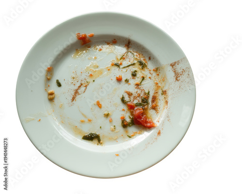 Dirty white plate with food remnants dirty plate leftovers