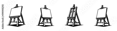 Set of four artist easels with blank canvases black and white vector illustration