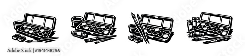 Monochrome art supplies illustration set featuring paint palette brushes and tubes