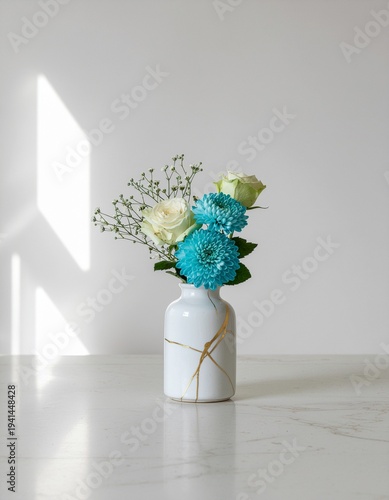 A serene white vase with blue and white flowers on a marble surface indoors