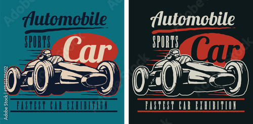 Vintage racing car sports exhibition illustration with driver
