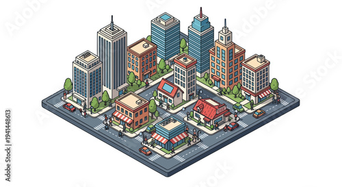 Isometric pixel art cityscape with buildings, trees, and cars on white background.