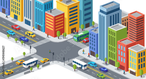 Isometric Cityscape with Cars and Buildings, Busy Intersection, Urban Traffic Flow