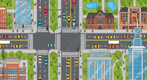 Busy City Intersection with Traffic and Pedestrians - Top View