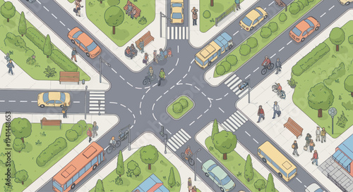 Busy Intersection with Cars, Buses, Cyclists, and Pedestrians in a Green City