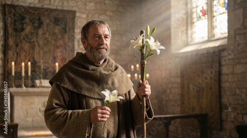 Wallpaper Mural Saint Joseph holding wooden staff with white lily flower in stone temple. Religious man in catholic robe inside antique church. Concept of biblical character, faith and devotion. Torontodigital.ca