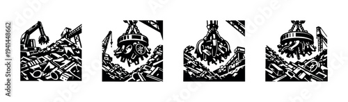 Industrial scrap metal recycling silhouette set with cranes and magnetic grapple