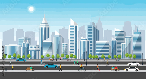 Modern Cityscape with Busy Street Life and Tall Buildings