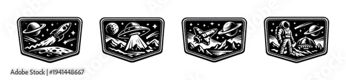 Set of vector space themed badges with astronauts rockets and planets in black and white