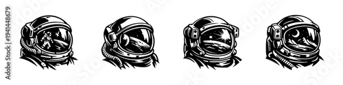 Vintage astronaut helmet illustrations with cosmic reflections vector set