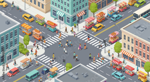Isometric City Street with Busy Intersection, Pedestrians, and Food Carts